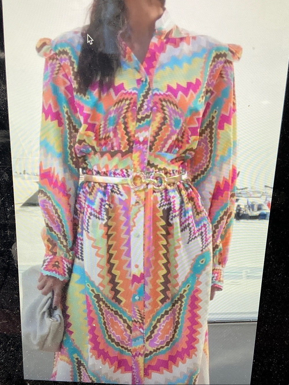 Vibrant Multicolor Zigzag Long Sleeve Dress - Pink & Turquoise
